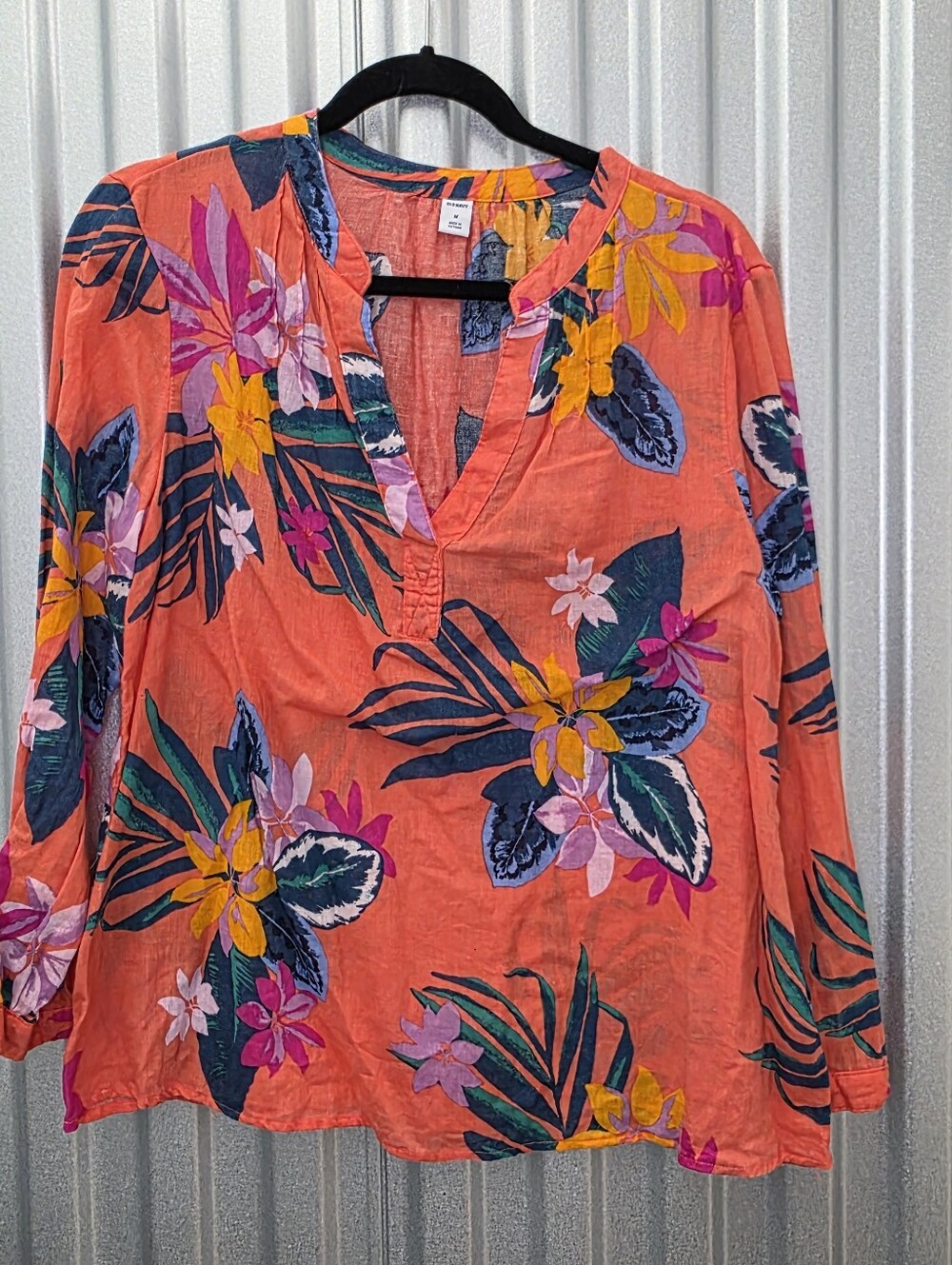 Old Navy Woman's Med Blouse Coral Orange Floral Linen Blend 3/4 Sleeve Tie Flowy
